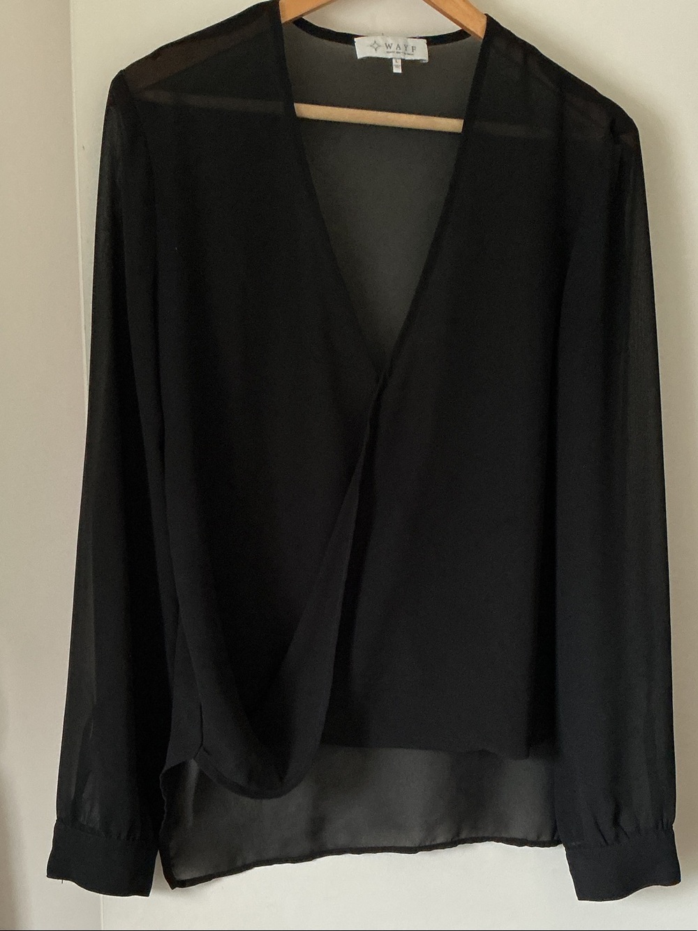 WAYF Black Sheer V-Neck Long-Sleeve Blouse